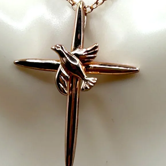 Signed JCM 925 Sterling Silver Rose Gold Vermeil Cross Dove Charm Necklace - Picture 7 of 7